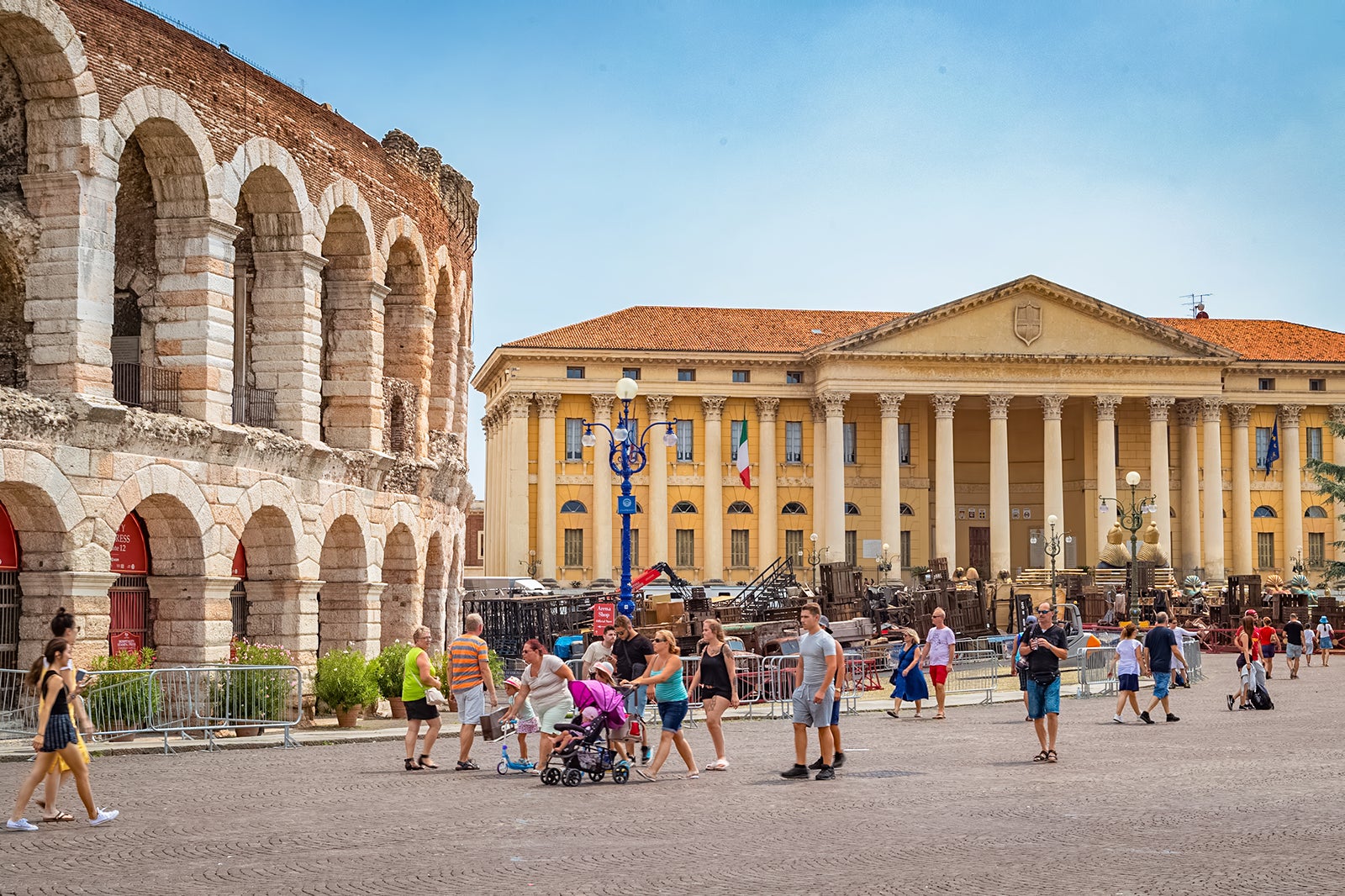 Roman amphitheatre Arena di Verona and Piazza Bra square panoramic