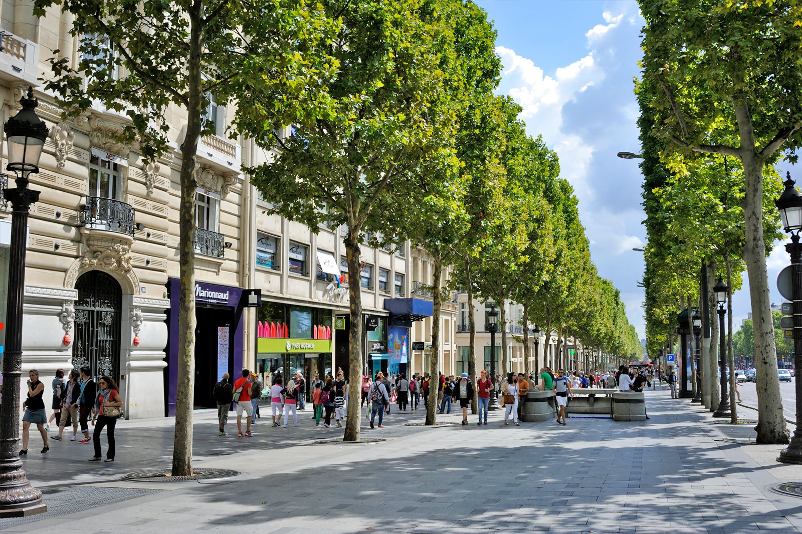 View Looking Down the Tree Lined Champs Elysees with Shoppers and