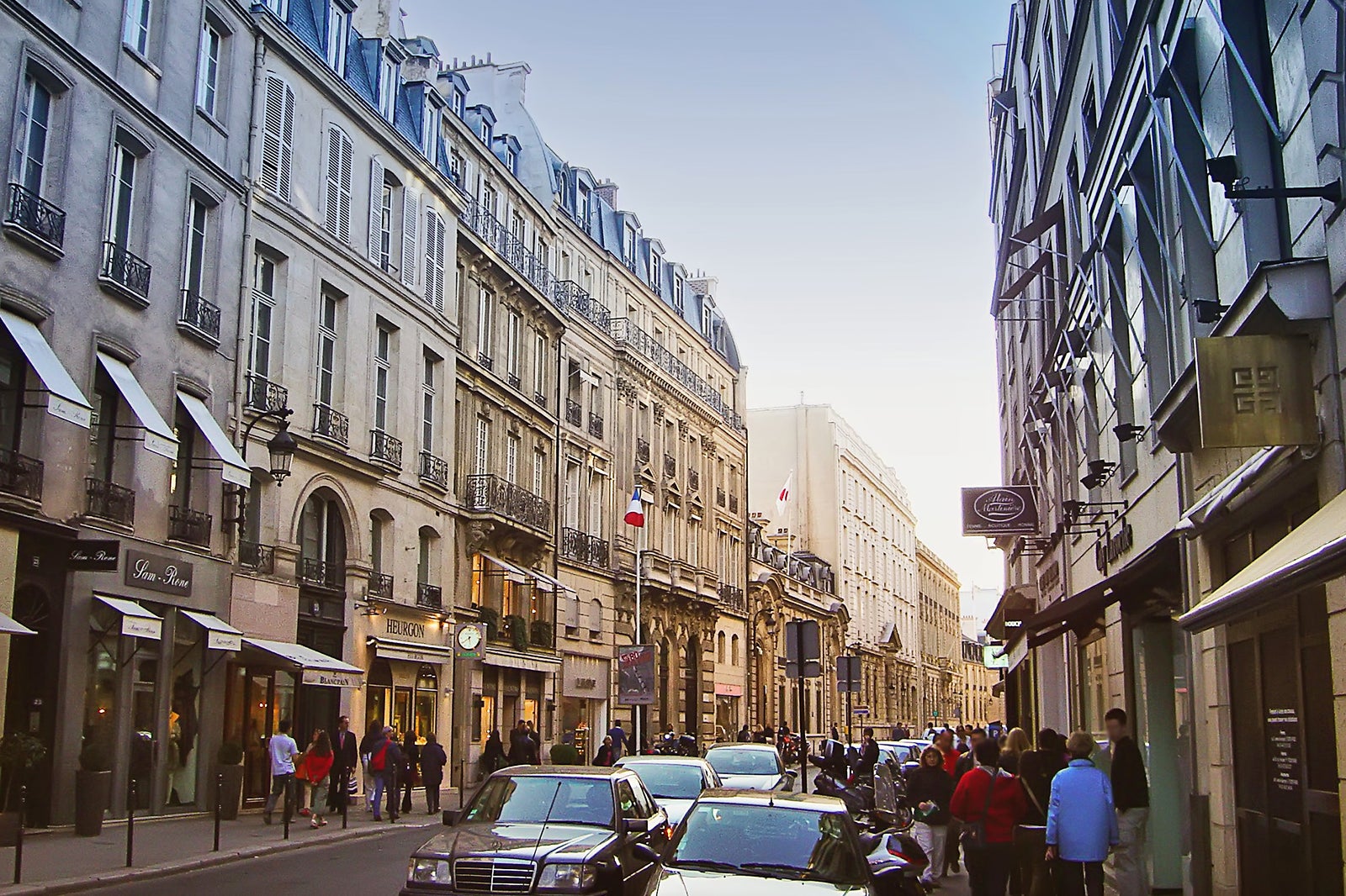 Luxury shopping street Rue Saint Honore in Paris. Famous brands