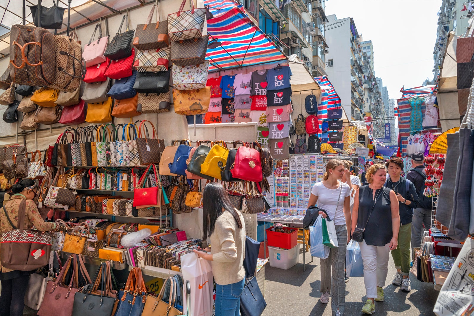 China, Hong Kong, Mong Kok, Ladies Market, Bags Stall - SuperStock